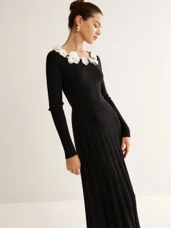 Hot Floral Decor Pleated Sweater Dress Black Dresses|Sweater Dresses