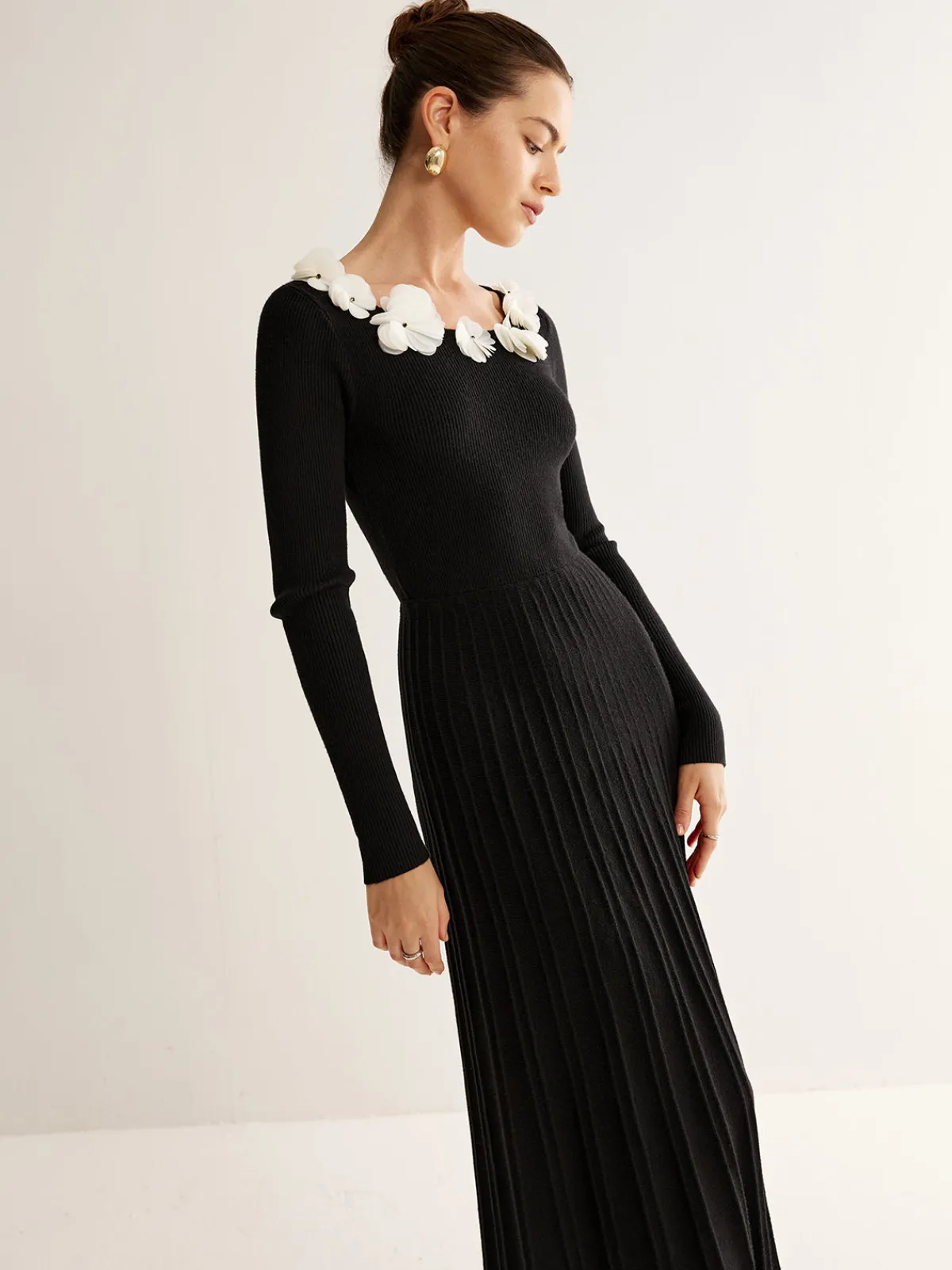 Hot Floral Decor Pleated Sweater Dress Black Dresses|Sweater Dresses