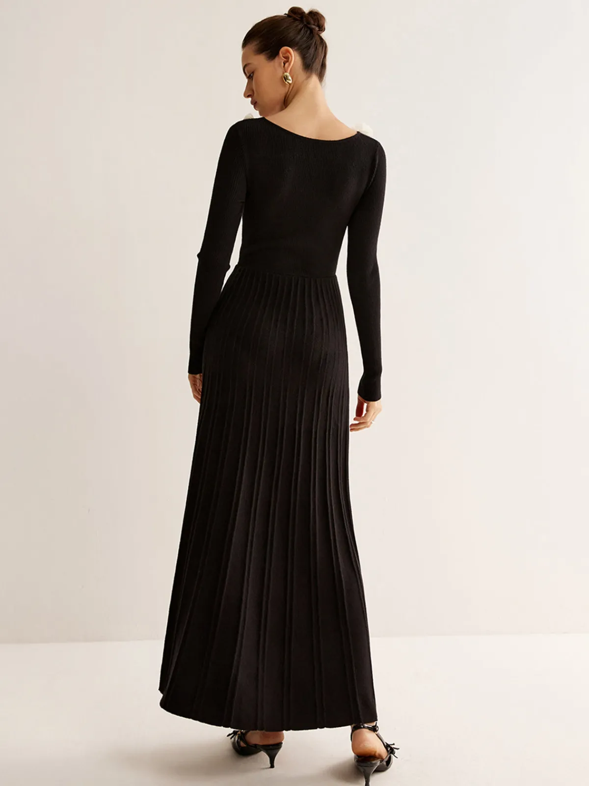 Hot Floral Decor Pleated Sweater Dress Black Dresses|Sweater Dresses