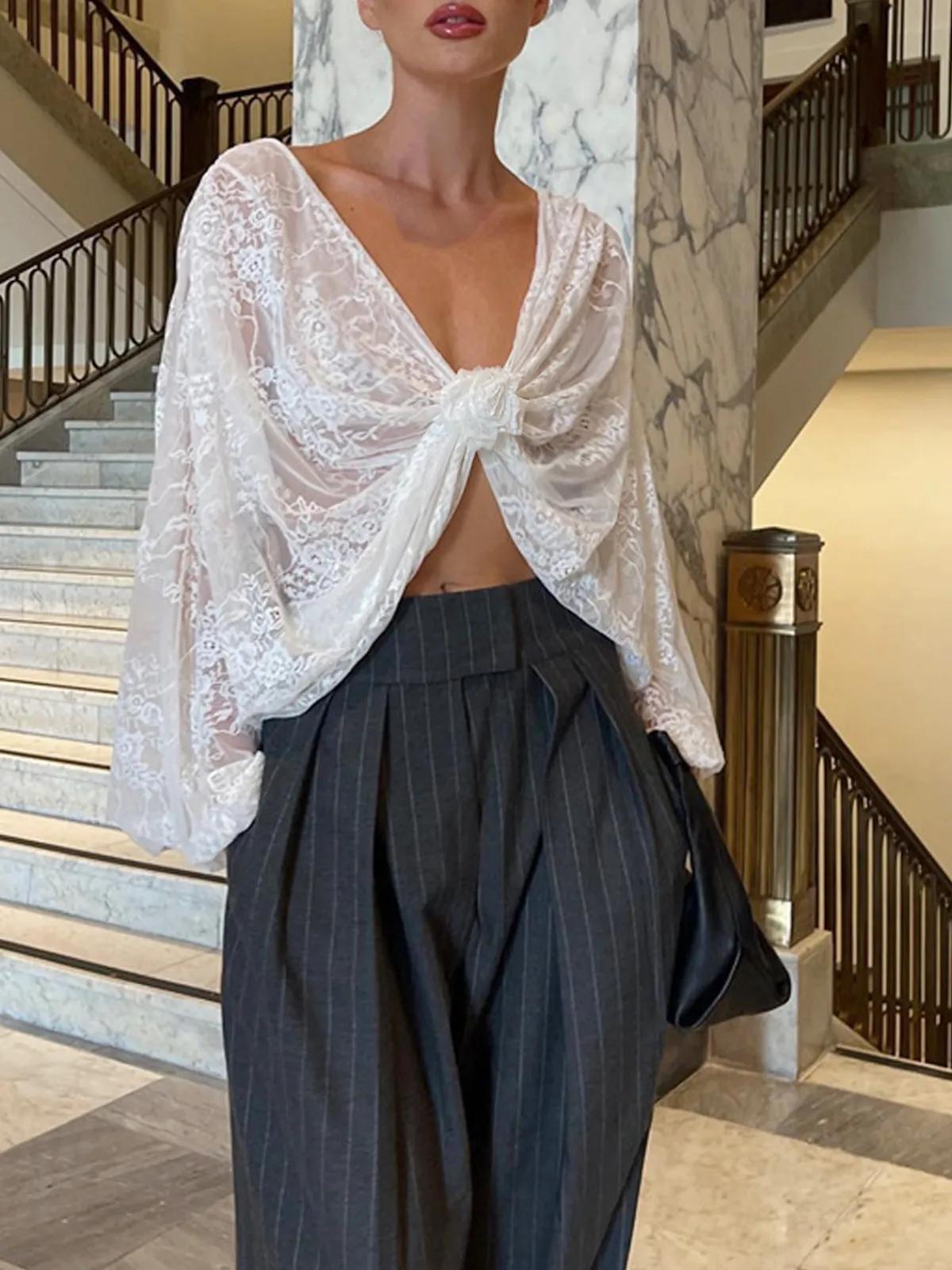 Sale Floral Decor Twisted Lace Semi-sheer Blouse Blouses & Shirts|Tops
