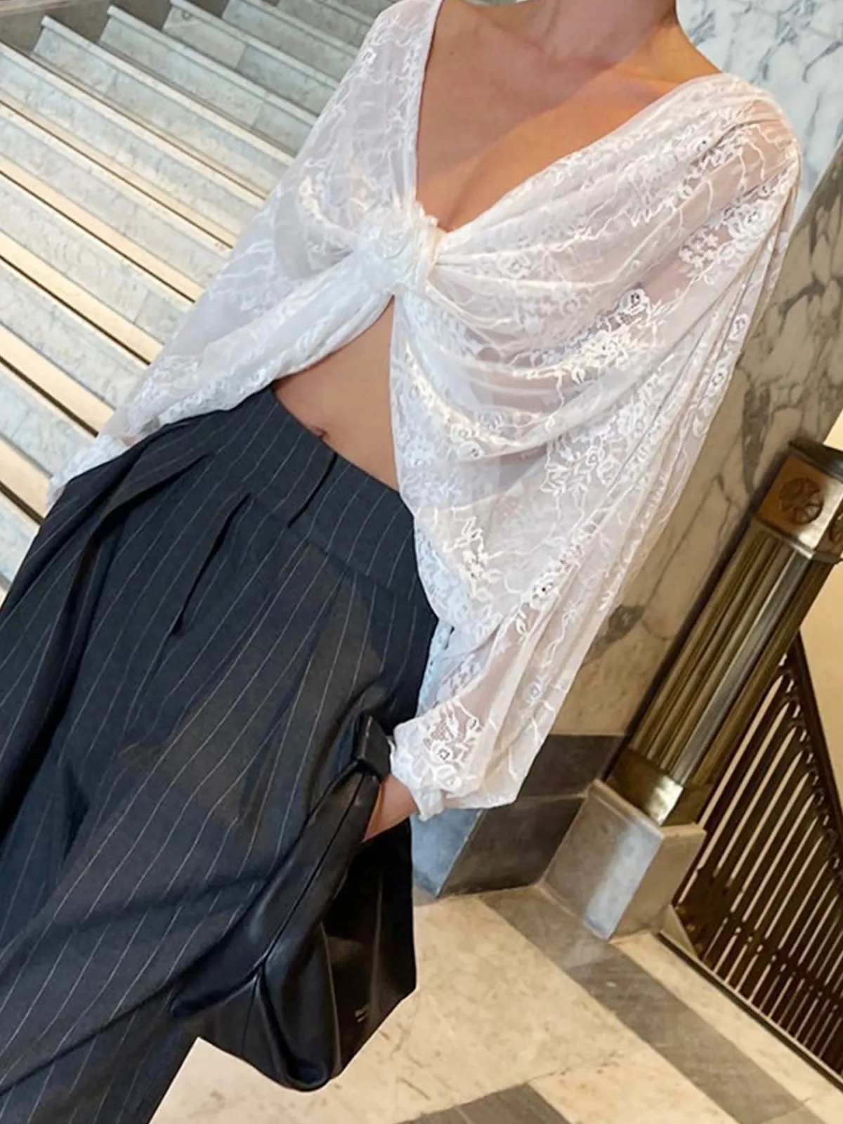 Sale Floral Decor Twisted Lace Semi-sheer Blouse Blouses & Shirts|Tops