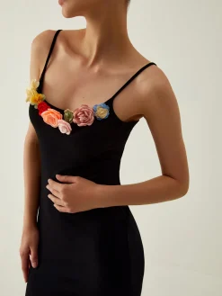 Sale Floral Detail Slim Midi Dress Black Dresses|Floral Dresses