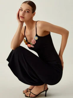 Sale Floral Detail Slim Midi Dress Black Dresses|Floral Dresses