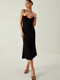 Sale Floral Detail Slim Midi Dress Black Dresses|Floral Dresses