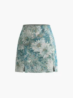 Online Floral Embroidery Split Mini Skirt Skirts|Bottoms