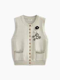Best Floral Embroiled Pockets Knit Vest Outerwear|Vests