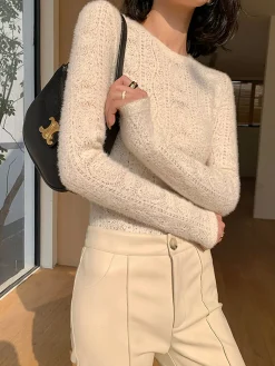 New Floral Hollow Knit Crew Neck Long Sleeve Top T-shirts|Knitwear