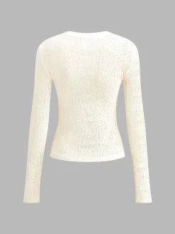 New Floral Hollow Knit Crew Neck Long Sleeve Top T-shirts|Knitwear