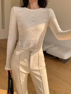New Floral Hollow Knit Crew Neck Long Sleeve Top T-shirts|Knitwear