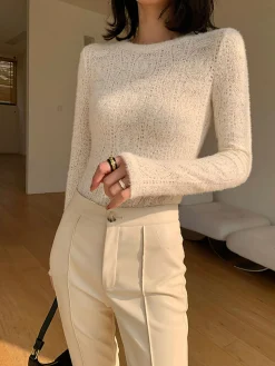 New Floral Hollow Knit Crew Neck Long Sleeve Top T-shirts|Knitwear