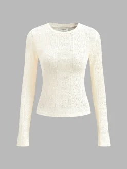 New Floral Hollow Knit Crew Neck Long Sleeve Top T-shirts|Knitwear