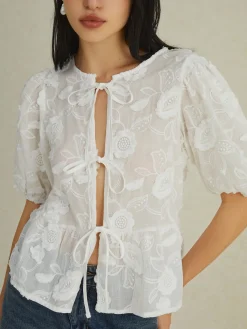 Hot Floral Knotted Puff Sleeve Shirt Blouses & Shirts|Tops