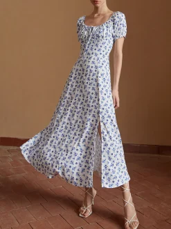 Hot Floral Knotted Split Long Dress Casual Dresses|Floral Dresses