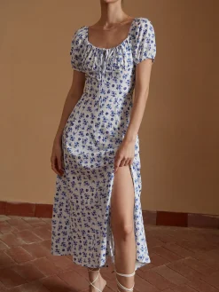 Hot Floral Knotted Split Long Dress Casual Dresses|Floral Dresses
