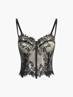 Sale Floral Lace Semi-sheer Corset Corset Tops|Tops