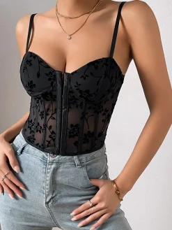 Hot Floral Mesh Structured Corset Corset Tops|Tops