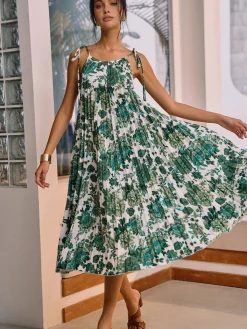 Outlet Floral Pleated Knotted Midi Dress Casual Dresses|Floral Dresses