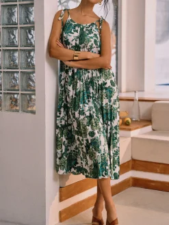Outlet Floral Pleated Knotted Midi Dress Casual Dresses|Floral Dresses