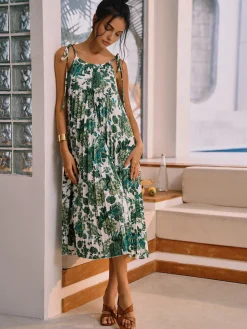 Outlet Floral Pleated Knotted Midi Dress Casual Dresses|Floral Dresses