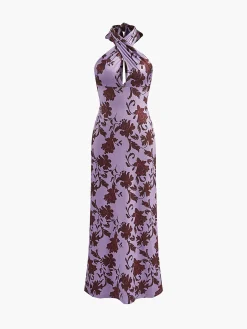 Clearance Floral Print Adjustable Halter Long Dress Floral Dresses|Vacation Dresses