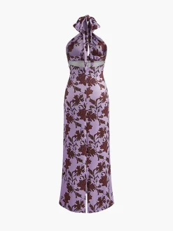Clearance Floral Print Adjustable Halter Long Dress Floral Dresses|Vacation Dresses