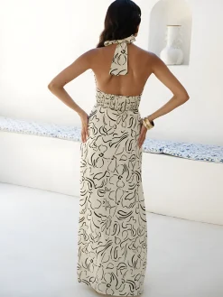 Floral Print Halter Backless Long Dress White Dresses|Casual Dresses