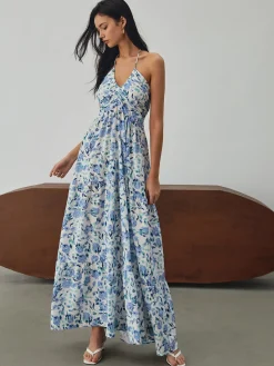 Discount Floral Print Halter Long Dress Floral Dresses|Vacation Dresses