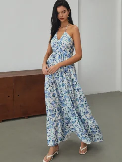 Discount Floral Print Halter Long Dress Floral Dresses|Vacation Dresses