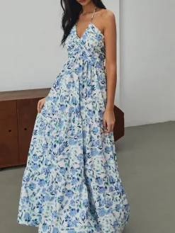 Discount Floral Print Halter Long Dress Floral Dresses|Vacation Dresses