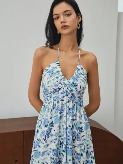 Discount Floral Print Halter Long Dress Floral Dresses|Vacation Dresses