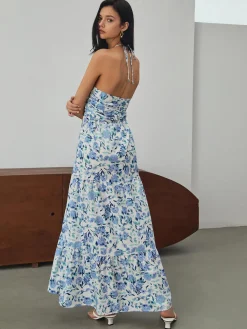 Discount Floral Print Halter Long Dress Floral Dresses|Vacation Dresses