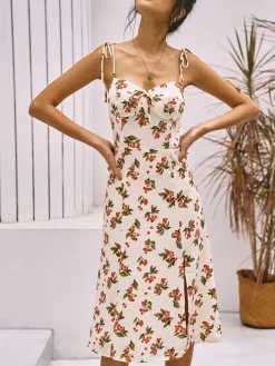 Clearance Floral Print Knotted Cami Short Dress White Dresses|Casual Dresses