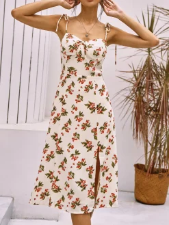 Clearance Floral Print Knotted Cami Short Dress White Dresses|Casual Dresses