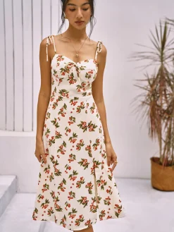 Clearance Floral Print Knotted Cami Short Dress White Dresses|Casual Dresses