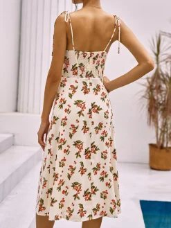 Clearance Floral Print Knotted Cami Short Dress White Dresses|Casual Dresses