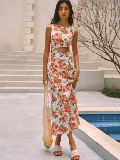 Sale Floral Print Knotted Cutout Split Long Dress Casual Dresses|Floral Dresses
