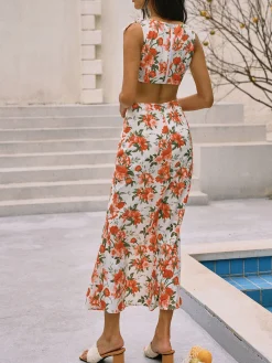 Sale Floral Print Knotted Cutout Split Long Dress Casual Dresses|Floral Dresses