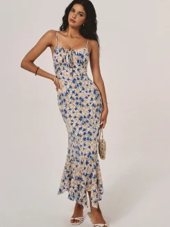 New Floral Print Knotted Irregular Hem Long Dress Casual Dresses|Floral Dresses