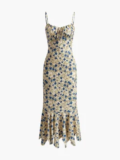 New Floral Print Knotted Irregular Hem Long Dress Casual Dresses|Floral Dresses