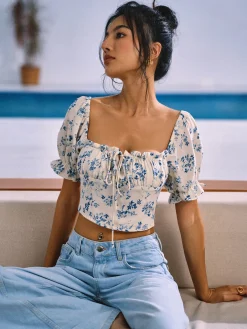 New Floral Print Knotted Shirred Blouse Blouses & Shirts|Tops
