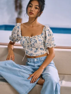 New Floral Print Knotted Shirred Blouse Blouses & Shirts|Tops