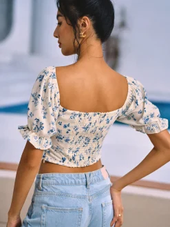 New Floral Print Knotted Shirred Blouse Blouses & Shirts|Tops