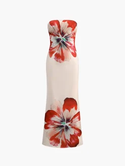 Floral Print Off-Shoulder Tube Long Dress White Dresses|Floral Dresses