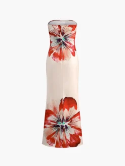 Floral Print Off-Shoulder Tube Long Dress White Dresses|Floral Dresses