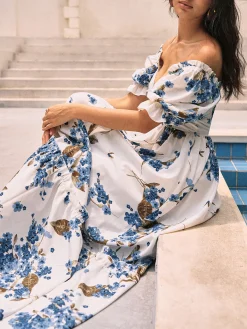 Discount Floral Print Puff Sleeve Long Dress Casual Dresses|Floral Dresses