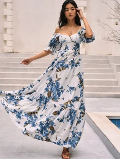 Discount Floral Print Puff Sleeve Long Dress Casual Dresses|Floral Dresses