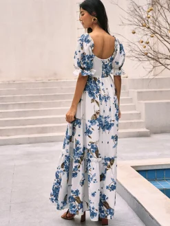 Discount Floral Print Puff Sleeve Long Dress Casual Dresses|Floral Dresses
