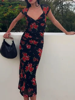 Floral Print Ruched Side Midi Dress Black Dresses|Casual Dresses