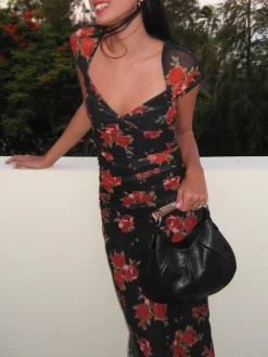 Floral Print Ruched Side Midi Dress Black Dresses|Casual Dresses