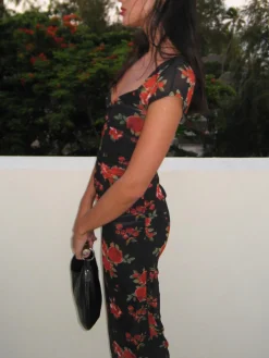 Floral Print Ruched Side Midi Dress Black Dresses|Casual Dresses